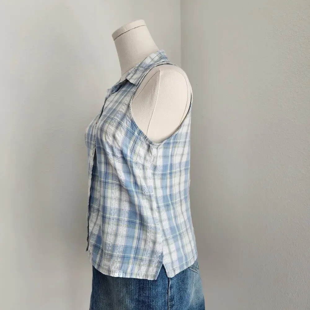 Vintage Y2K Faded Glory Blue White Plaid Sleeveless Button Down Top S Cottage - Picture 3 of 9